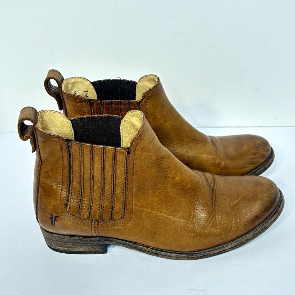 Frye Pippa Chelsea Boots Leather Brown Elastic Side Pull Tab Womens Ankle